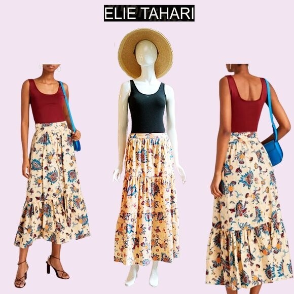 ELIE TAHARI NEW Bohemian SUNLIT GARDEN Floral Tiered Full Midi Skirt L - Picture 3 of 11